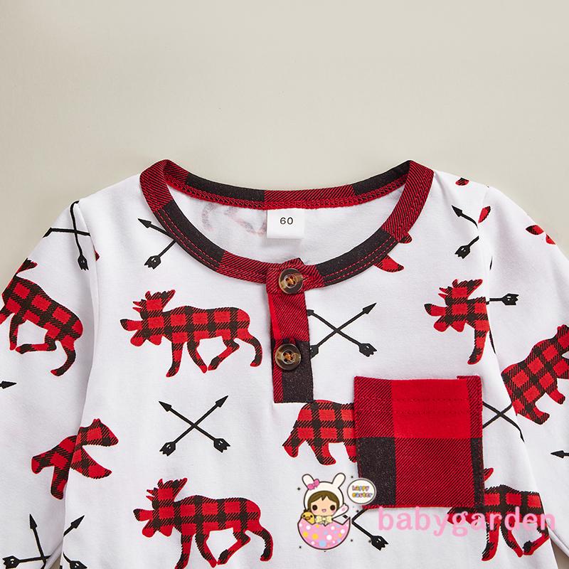 Bộ áo liền quần tay dài cổ tròn in họa tiết caro &amp; động vật kèm mũ đội đầu dễ thương cho bé sơ sinh