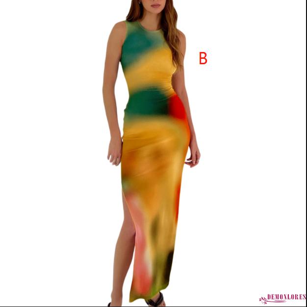 Đầm Dài Không Tay Cổ Tròn Họa Tiết Màu Nhuộm Thời Trang Mùa Hè Cho Nữ