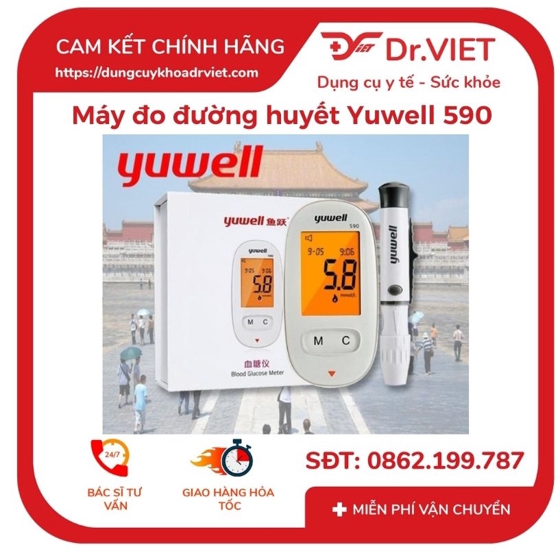 MÁY ĐO ĐƯỜNG HUYẾT YUWELL 590 - BẢO HÀNH TRỌN ĐỜI + TẶNG 60 QUE VÀ 60 KIM, THAO TÁC ĐƠN GIẢN, ĐỘ CHÍNH XÁC CAO - DRVIET