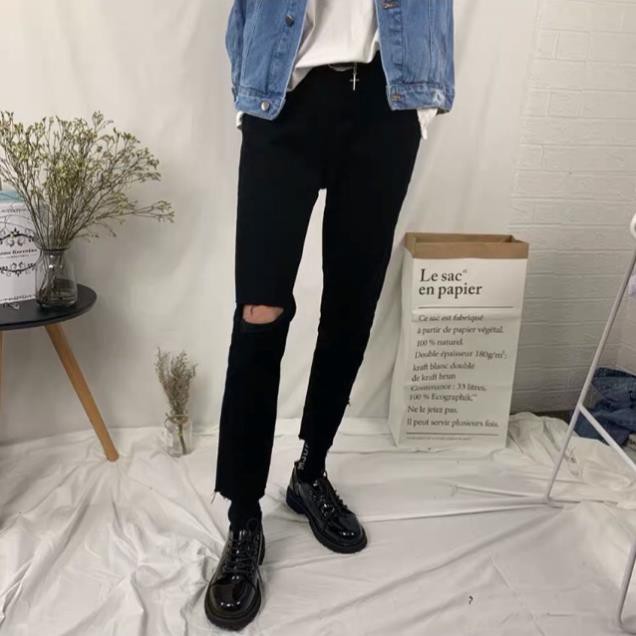 [Tiền Nào Của Đấy]Quần Jean Nam Rách Gối Phải Màu Đen Vải Co Giãn, Không Phai Màu Phong Cách Hàn Quốc -J08