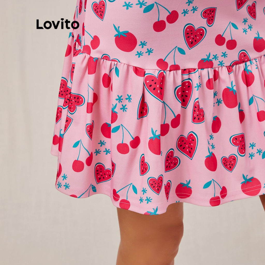 Đầm Lovito lai nhún bèo họa tiết trái cây thời trang L18E017 (hồng)