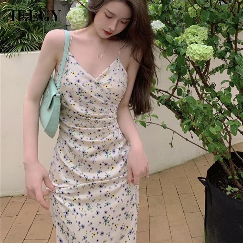 Đầm hoa IELGY không tay chiết eo phong cách cổ điển thanh lịch dành cho nữ