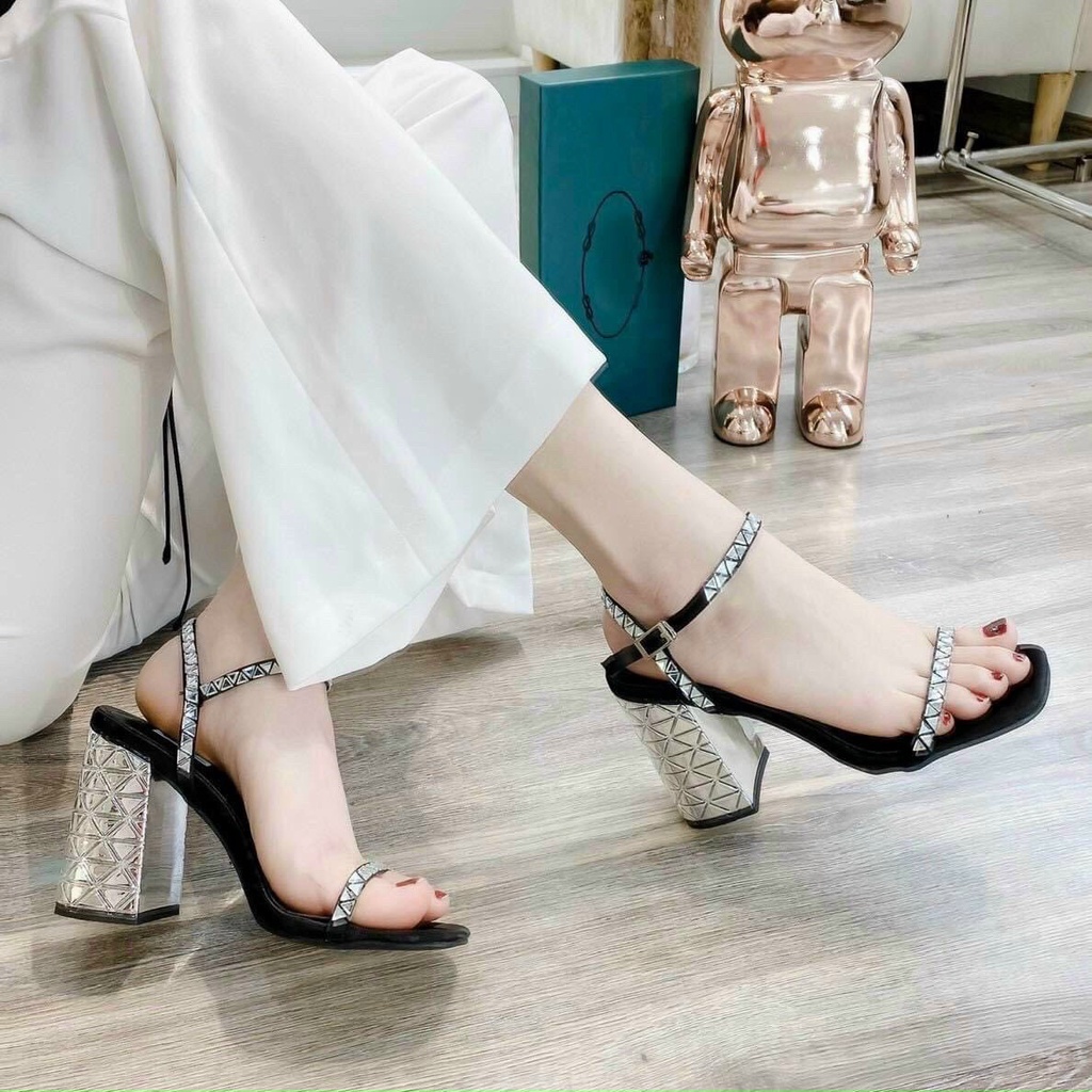 Sandal Cao Gót 9p Dây Quai Phối Viền Đá Gót Sáng Bạc Cực Sang Form Chuẩn - Xăng Đan Nữ Chị Chảnh Store