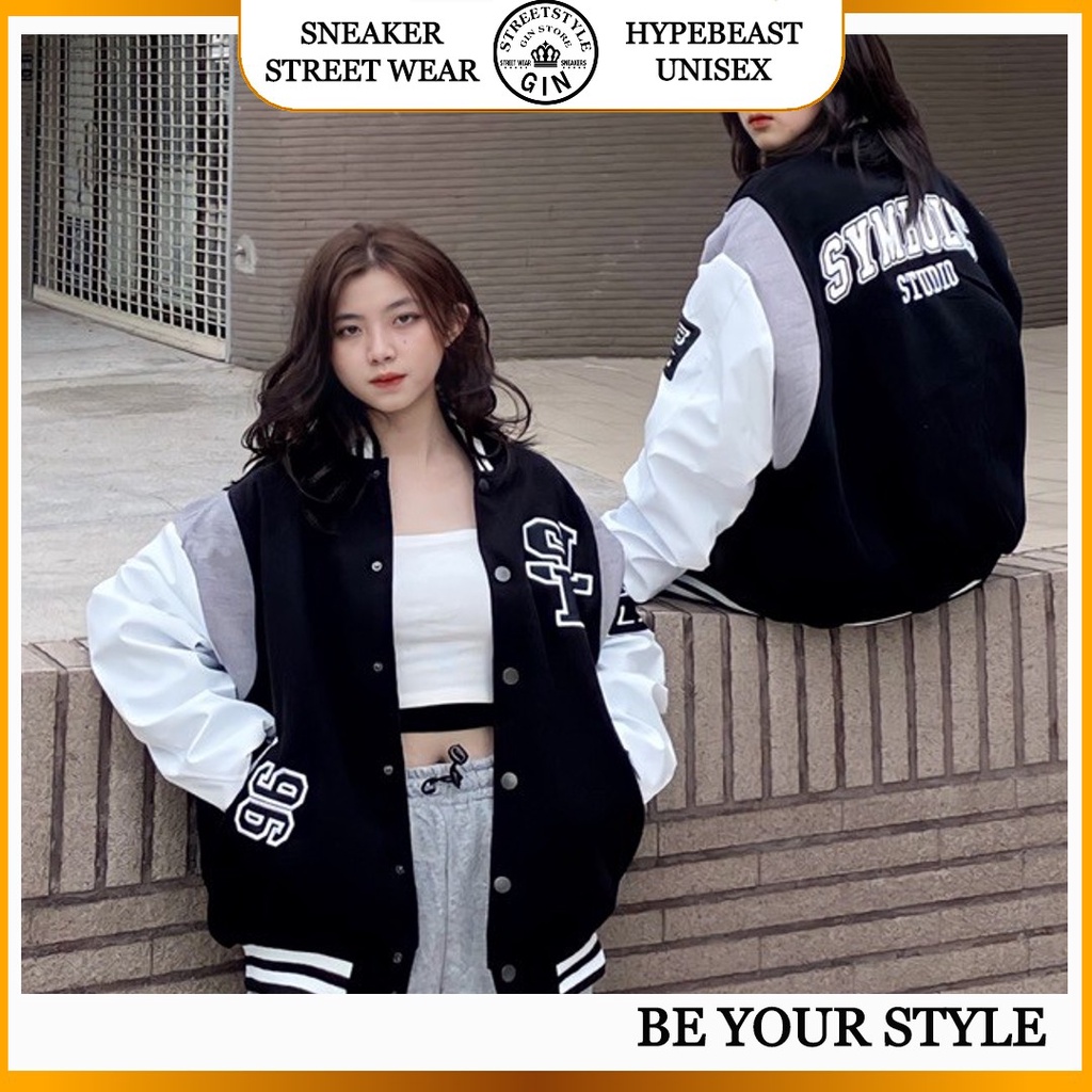 Áo khoác bomber nam nữ kaki oversize form rộng bóng chày Symbolic Varsity unisex - Gin Store