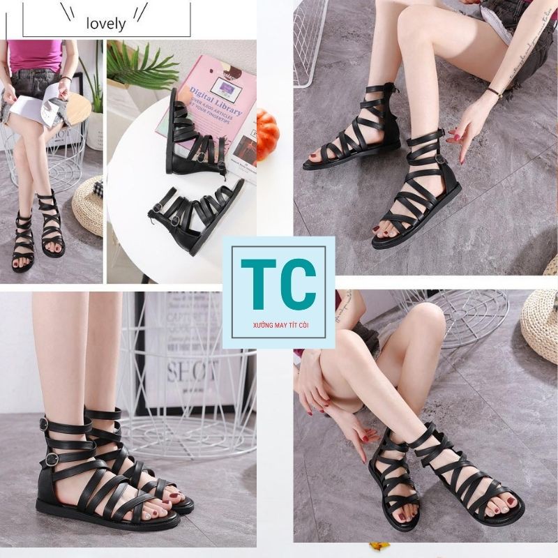 Sandal Dây Dài Chiến Binh ,Sandan chiến binh đan chéo cool ngầu ,sandal nữ dây dài đan chéo khuy cài -TT tít còi