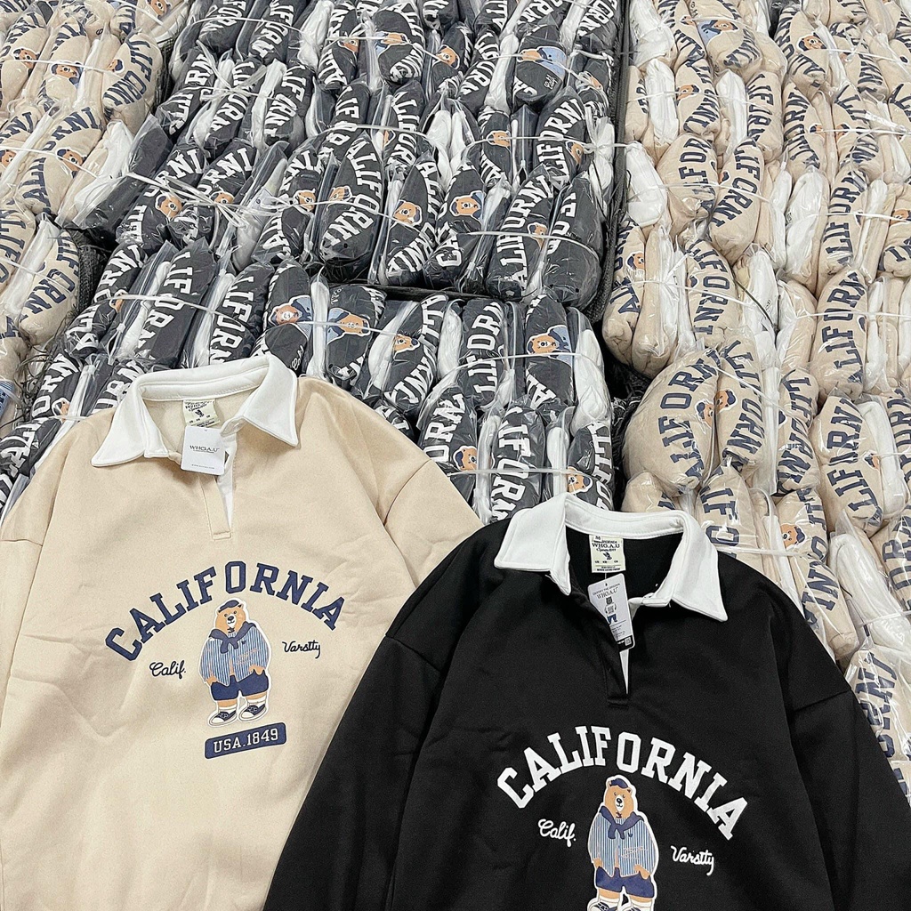 ÁO NỈ GẤU WHOAU CALIFORNIA U.S.A 1849,ÁO NỈ LÓT BÔNG CỔ BẺ DÀI TAY NỮ