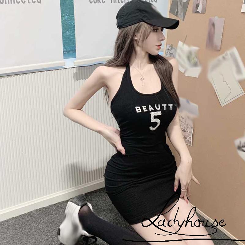 Đầm Ôm Hai Dây Hở Lưng Thêu Chữ Thời Trang Mùa Hè Cho Nữ