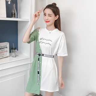 Đầm thun cotton phối vải kèm belt cá tính