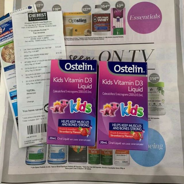 Ostelin kids vitamin D3 liquid  cho trẻ từ 6-12 tháng bổ sung thêm hương vị dâu