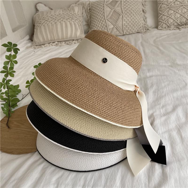 Nón Cói Nữ Đi Biển Chống Nắng Kiểu Dáng Mũ Cói Chuông Thắt Ruy Băng Vintage Chữ M