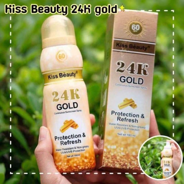 Xịt Chống Nắng Dưỡng Trắng Spf60 PA+++ Kiss Beauty 24k Gold Protection &amp; Refresh 180ml