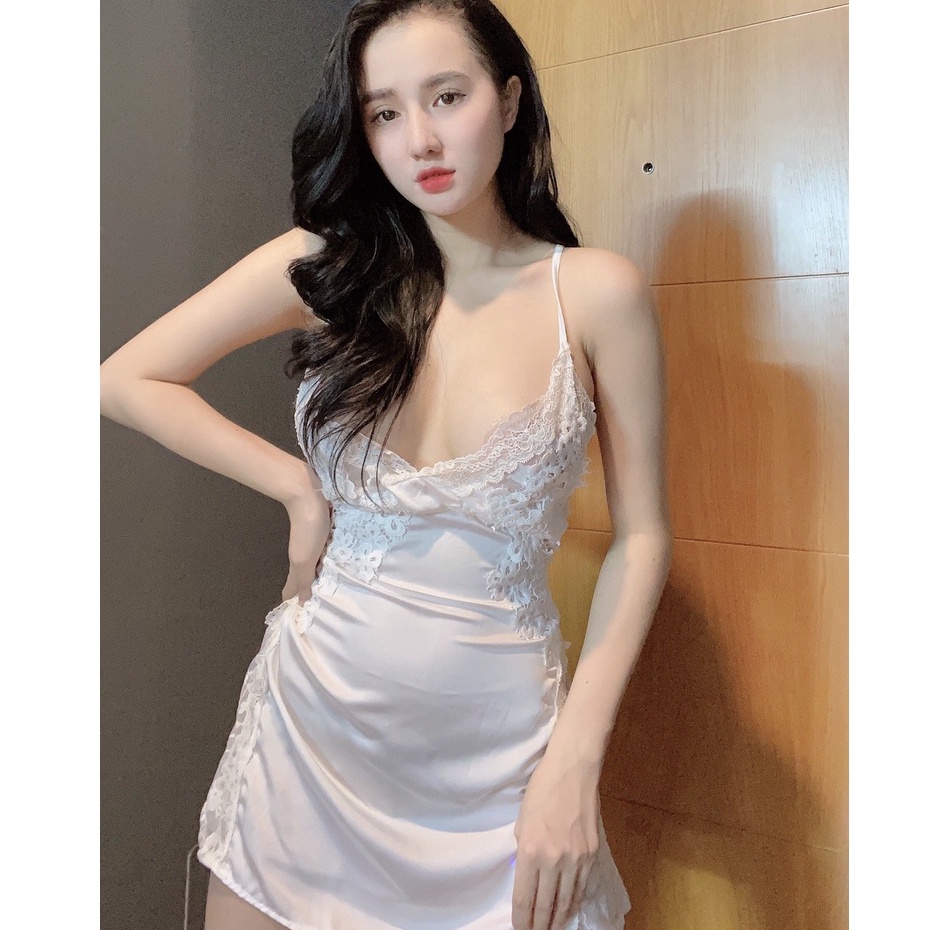 Đồ ngủ sexy / Đầm 2 dây phối hoa ngực và eo, chất liệu satin cao cấp loại 1, kèm quần đùi siêu cute, freesize dưới 65kg | BigBuy360 - bigbuy360.vn