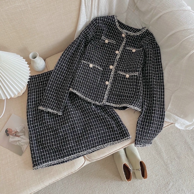 SET BỐ CARO ĐEN TAY DÀI + CHÂN VÁY