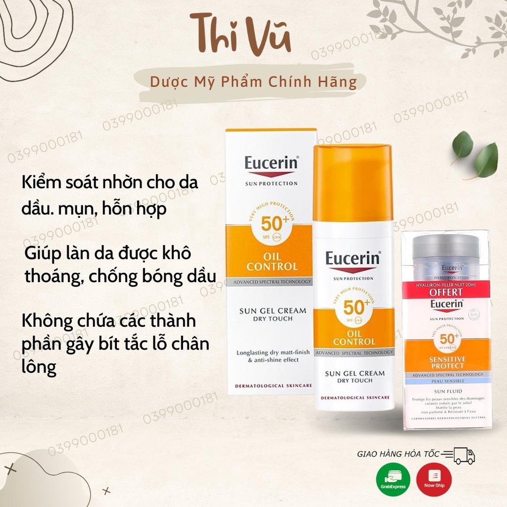 Kem chống nắng Eucerin Sun Gel Creme Oil Control Dry Touch SPF 50+ da dầu nhạy cảm bóng nhờn - Thi Vũ