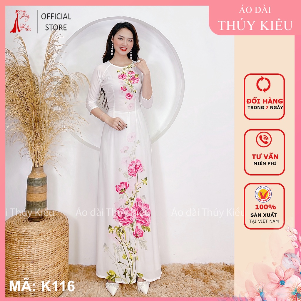 Áo dài trắng hoa hồng K116 Thúy Kiều may sẵn nữ áo dài cách tân mềm mại co giãn áo dài truyền thống áo dài giá rẻ