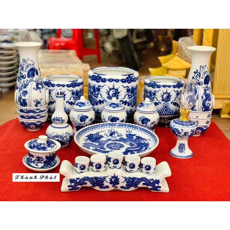 Bộ đồ thờ gia tiên men xanh, đồ thờ thần tài gốm sứ bát tràng cao cấp, Bộ đồ thờ men xanh, Bát hương sứ