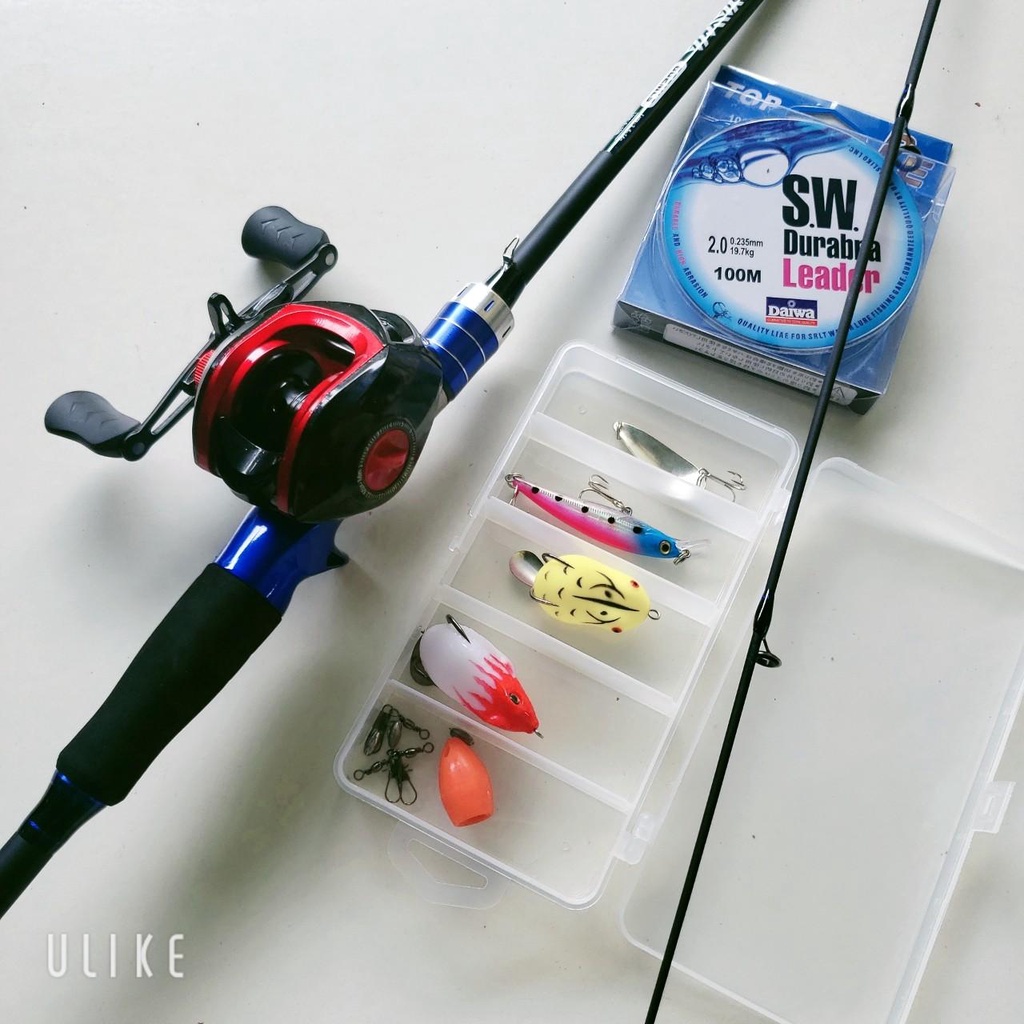 Bộ cần câu cá lure máy ngang DYAWA + Máy kim loại + dây câu lure + hộp mồi lure
