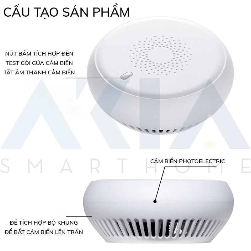 Cảm biến khói Tuya AKIA Zigbee, thiết bị báo cháy sensor Photoelectric cực nhạy, kết nối app Smart Life