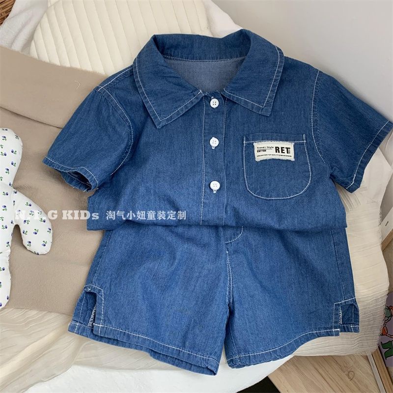 Bộ Áo Sơ Mi Cotton + Quần Short Denim Mềm Mỏng Phong Cách Hàn Quốc Nhật Bản Thời Trang Mùa Hè Cho Bé Trai