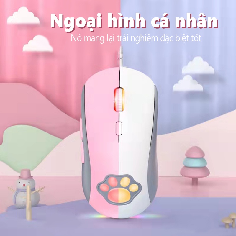 Chuột chơi game có dây ONIKUMA CW918 Catpaw màu hồng và trắng với đèn RGB