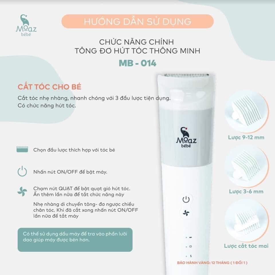 Tông Đơ Cắt Tóc Moaz Bebe MB-014 Có Chế Độ Hút Tóc Thông Minh - Hàng Chính Hãng