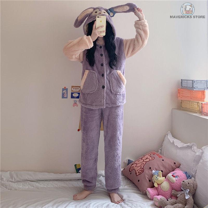 Bộ đồ ngủ lông cừu san hô tay dài in hình thỏ dễ thương