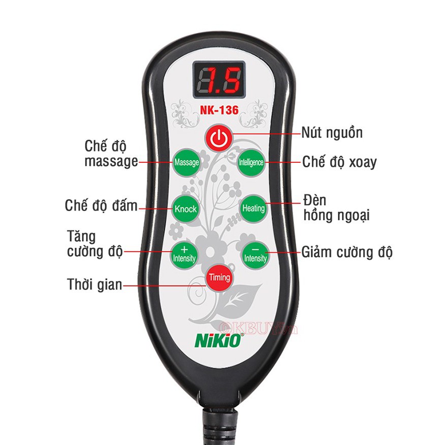 Gối Massage Cổ Vai Gáy Nikio NK-136AC Đấm Bóp, Massage Bi Lăn Chính Hãng - Dùng Được Trên Xe ÔTô
