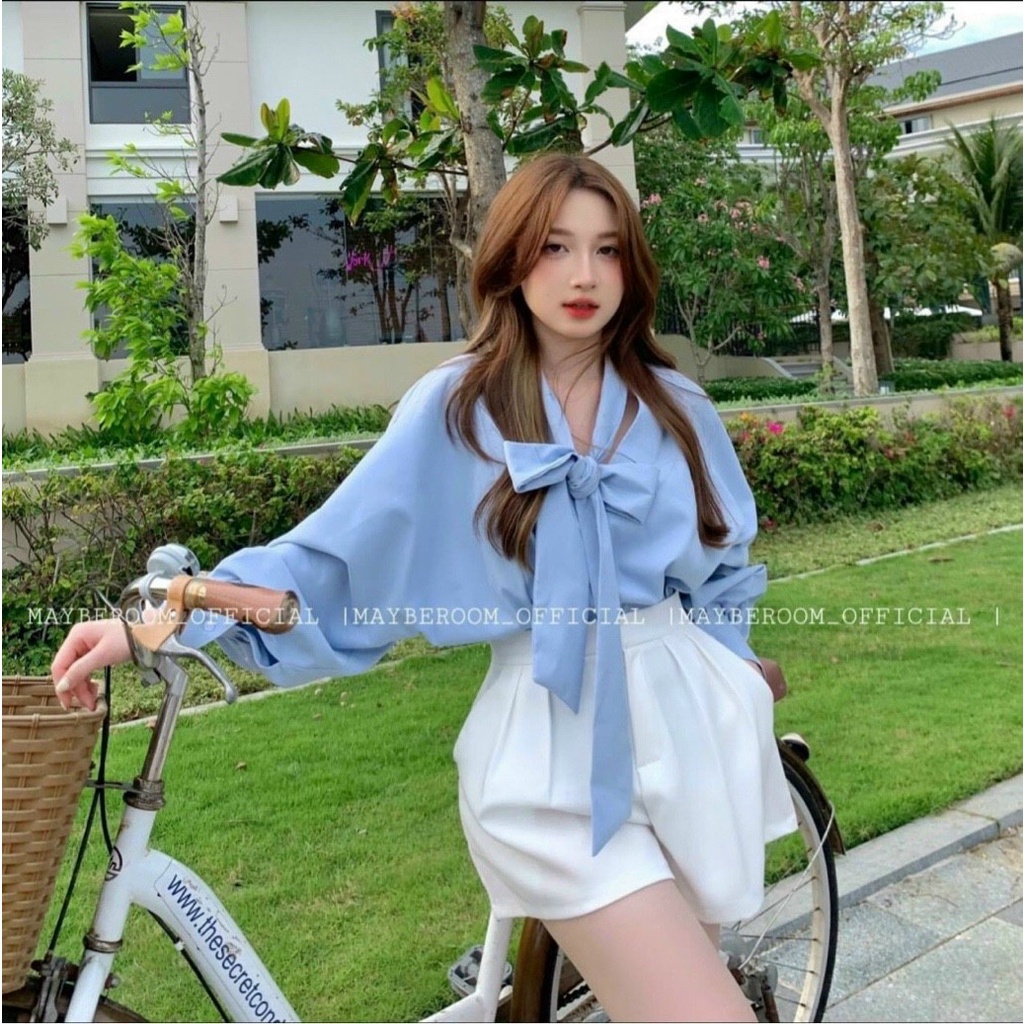 Set bộ đồ nữ áo form rộng kết nơ màu xanh dương trẻ trung, năng động dành cho các nàng đi chơi, đi biển siêu xinh