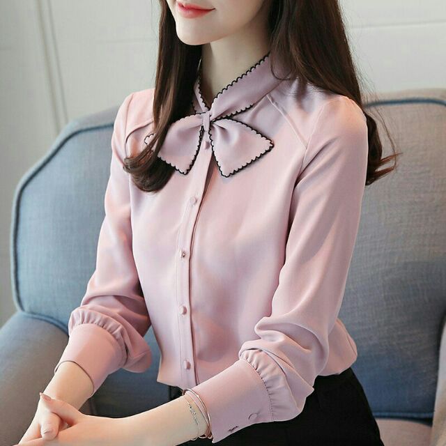Áo sơ mi cổ nơ viền chỉ