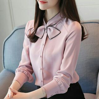 Áo sơ mi cổ nơ viền chỉ