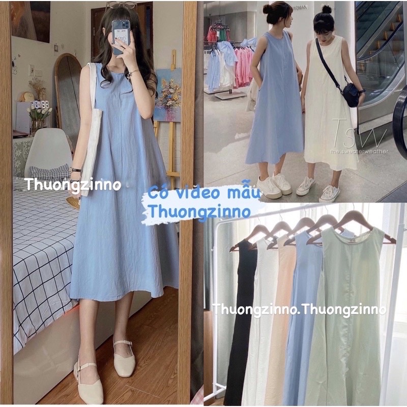 [Ảnh/Video ]Váy ba lỗ thô mềm dáng suông oversize Đầm ba lỗ thô đũi(có túi) cực mát mịn phong cách hàn Quốc