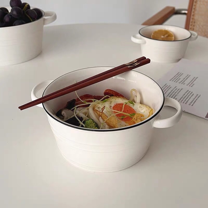 Tô sứ hai quai kèm nắp pha mì tiện lợi, Tô sứ Decor phong cách Hàn Quốc BONMI