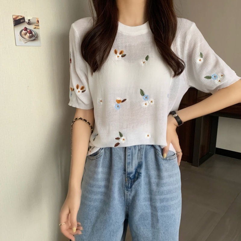 Áo ZHELIHANGFEI dệt kim tay ngắn cổ tròn thêu hoa nhỏ dễ thương thời trang cho nữ