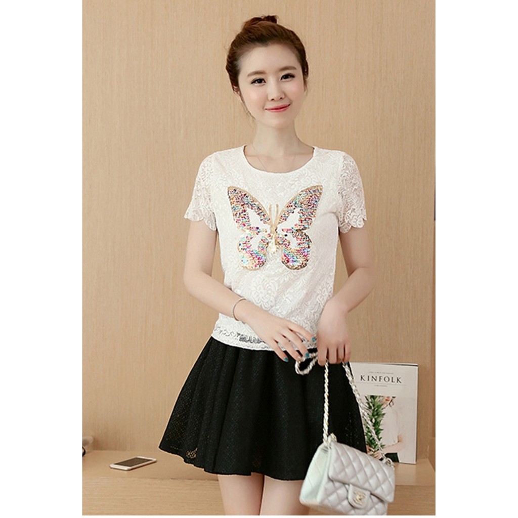 [GIÁ CỰC SỐC] SET VÁY REN XÒE ÁO THUN KẾT CƯỜM CON BƯỚM S0474
