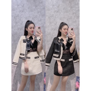 Set áo khoác mix chân váy dạ tweed nhũ kèm tag nơ hàng QCCC