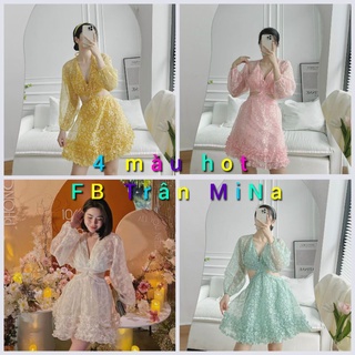 Đầm voan nude cổ yếm rớt vai tầng
