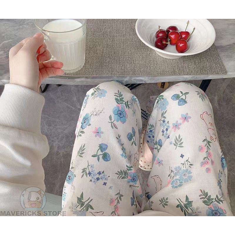 Quần Pijama Ống Rộng Họa Tiết Hoa Thoải Mái Thoáng Khí Cho Nữ