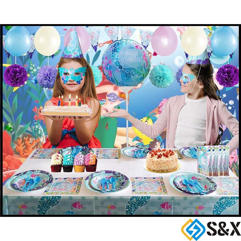 Mermaid Theme Party Supply Tableware Plates Cup Girl Birthday Decor Set / Baby Kids Children Birthday Party Tableware Hat Cups Plate Banner Set