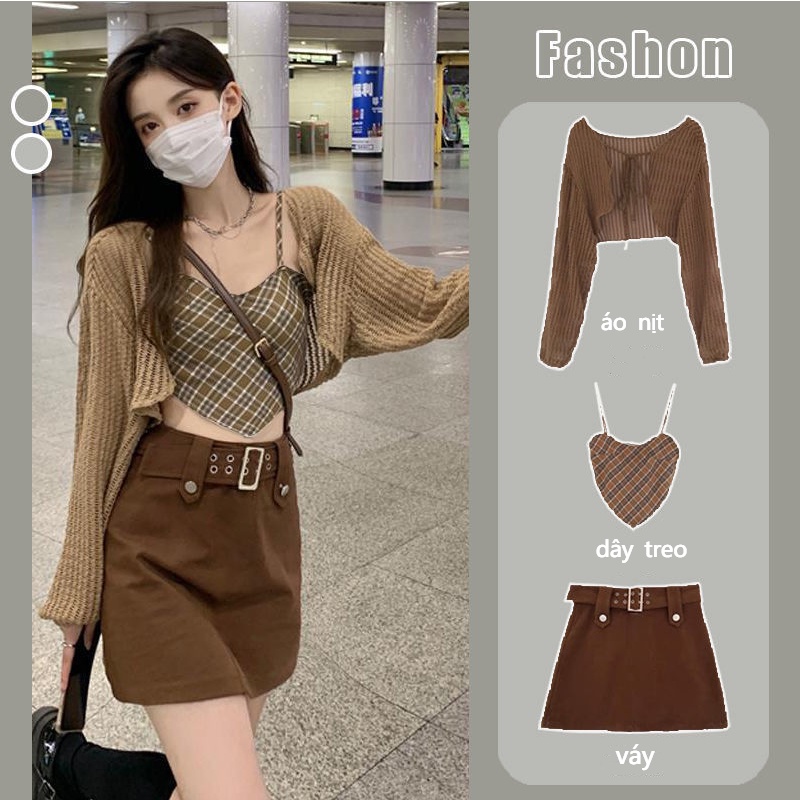 Set Áo Dệt Kim + Áo Hai Dây + Chân Váy Lưng Cao Họa Tiết Kẻ Sọc Thiết Kế Mới Thời Trang Mùa Xuân Dành Cho Nữ