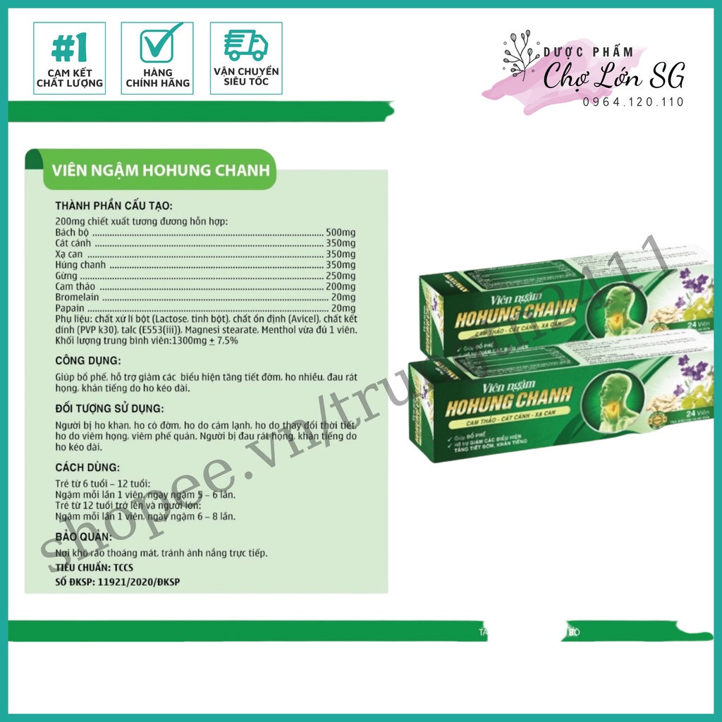 Viên ngậm hohung chanh, giúp bổ phế, giảm ho - hộp 24 viên