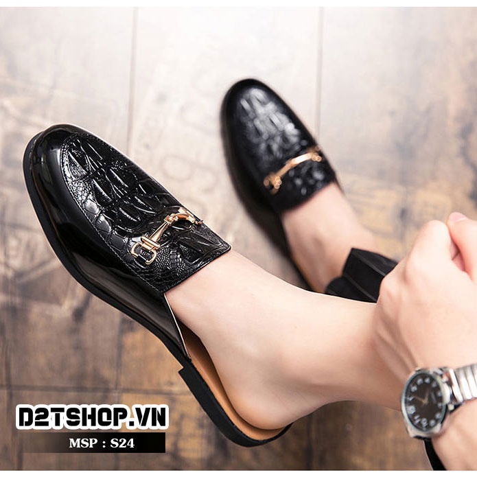 Giày sục nam dập vân lót vàng kèm xích đẹp và rẻ