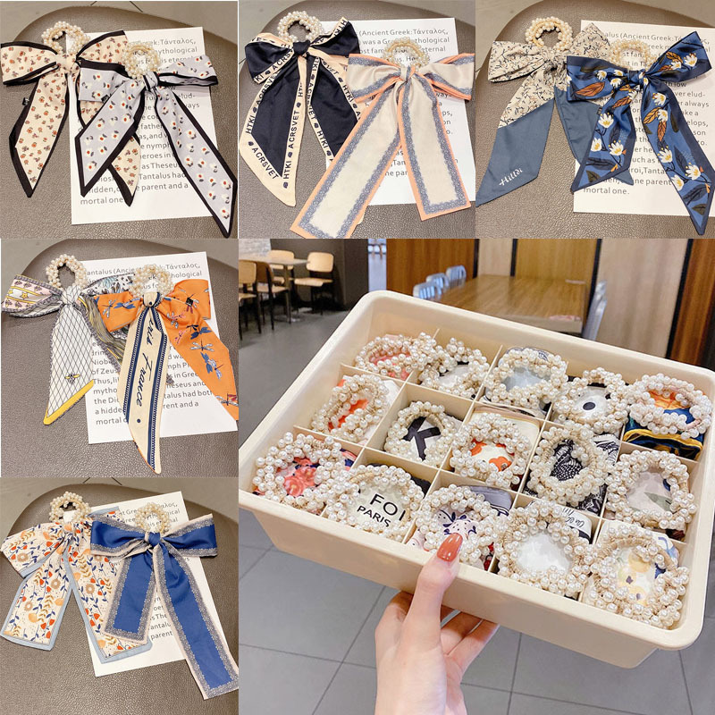 Dây ruy băng ngọc trai scrunchies khăn quàng cổ buộc tóc