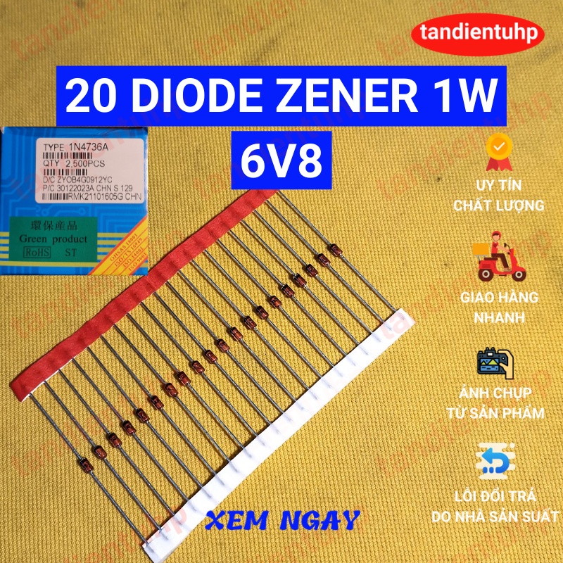20 diode Zener 1W đi ốt ổn áp kiểu chân DO-41 trị số:1N4735A 6V2,1N4736A 6V8, 1N4737A 7V5, 1N4738A 8V2, 1N4739A 9V1 mới