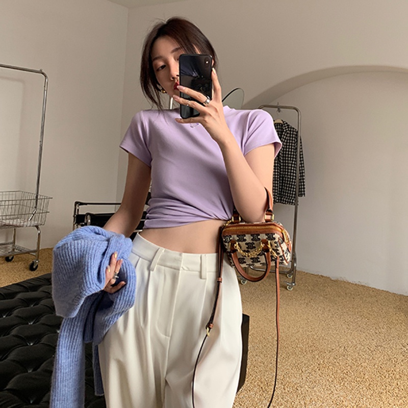 SUXI Áo Thun Tay Ngắn Cổ Tròn Màu Sắc Đơn Giản Cho Nữ