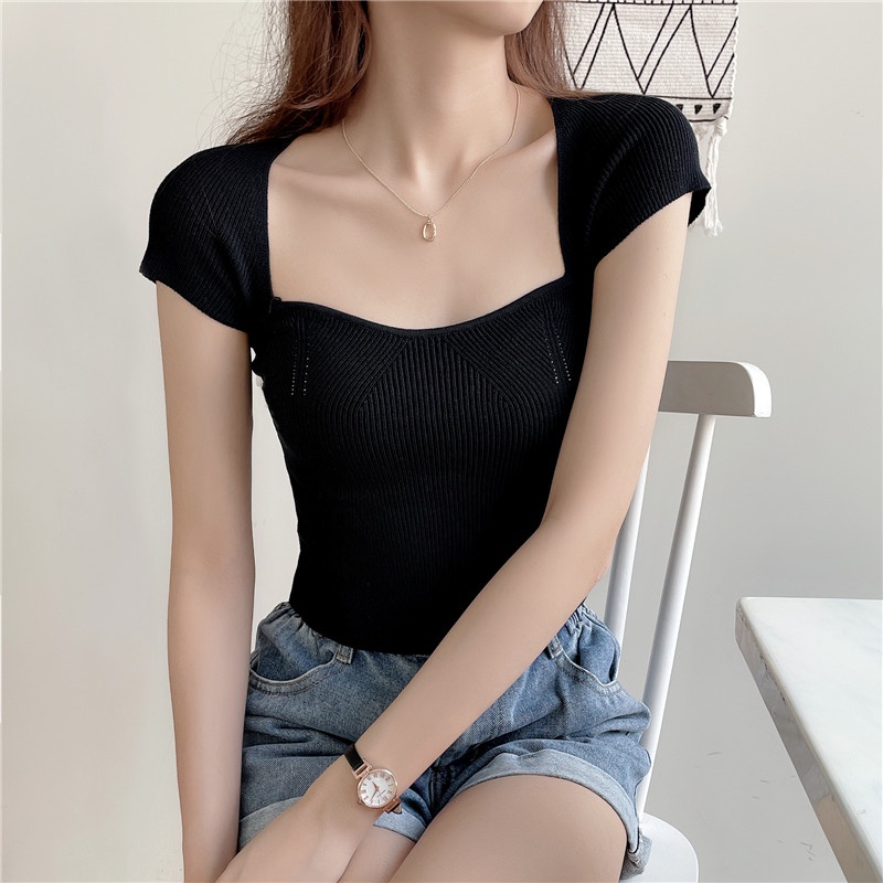 Áo thun nữ Len Sexy Cổ vuông Ngắn tay Retro Ulzzang Hàn Quốc Áo kiểu nữ Phong cách Cổ điển Vintage