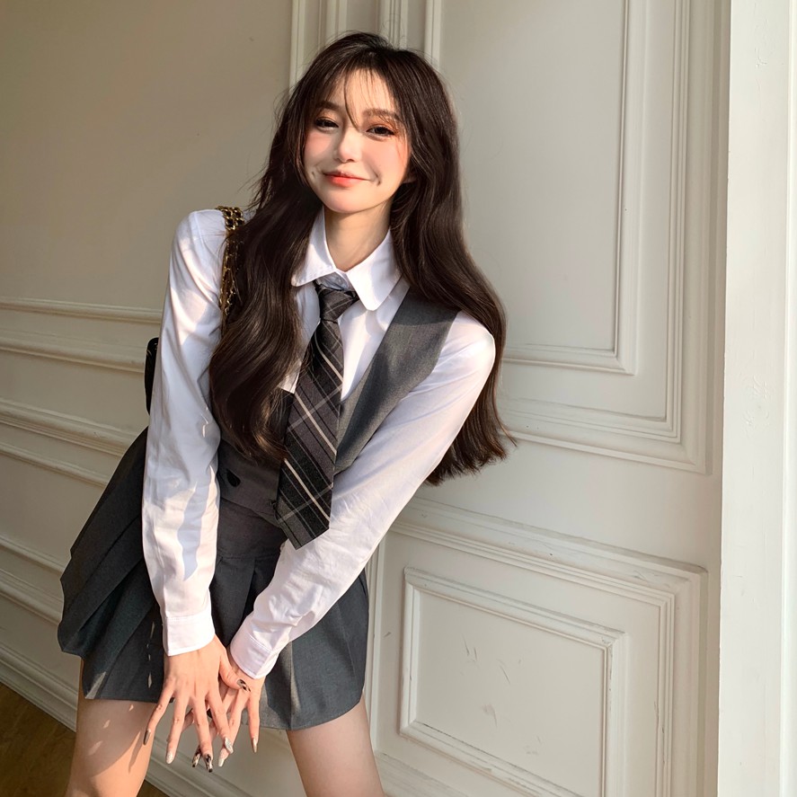 Bộ Áo Ghi Lê + Chân Váy Xếp Li + Áo Sơ Mi Thời Trang Hàn Quốc Xinh Xắn | BigBuy360 - bigbuy360.vn
