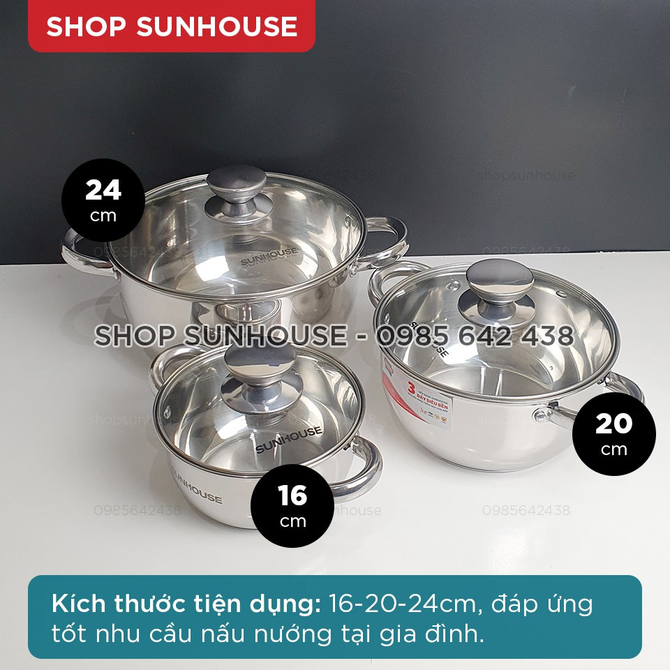 Bộ nồi inox 3 đáy SUNHOUSE SH334 size 16-20-24cm dùng được với bếp từ