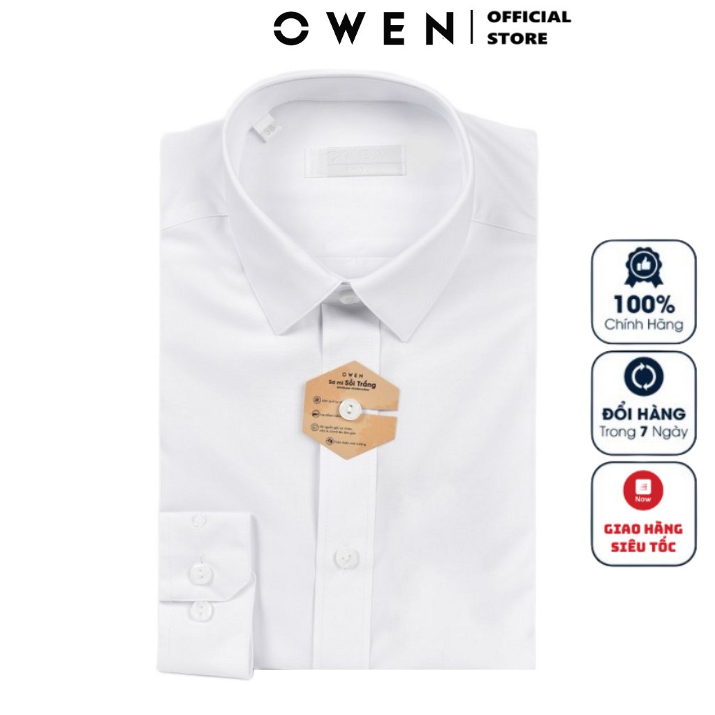 Áo Sơ Mi Trắng Nam Tay Dài Owen AS22753D1 Dáng Slim Fit Không Túi Ngực Màu Trắng Trơn Vải Sợi Sồi