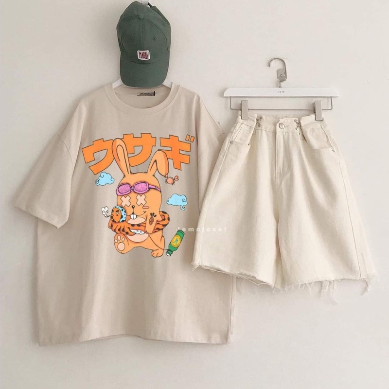 [ Rẻ vô địch ] Áo thun cotton tay lỡ dáng rộng unisex - Thỏ X