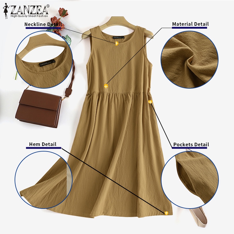 Đầm Dài Không Tay Cổ Tròn Màu Trơn Thời Trang Cho Nữ ZANZEA